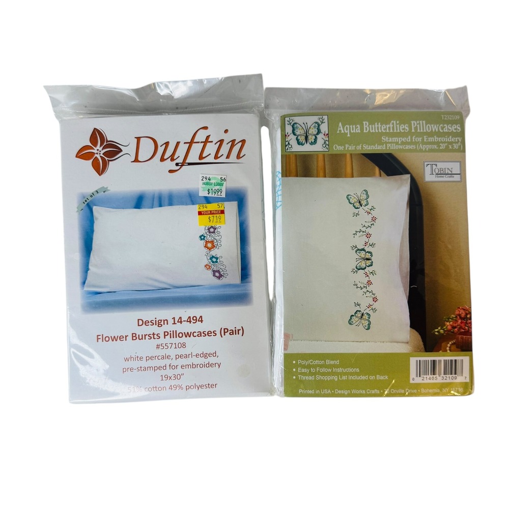 Pillowcases‎ for Embroidery Flower Bursts Aqua Butterflies Cross Stitch Kits NOS